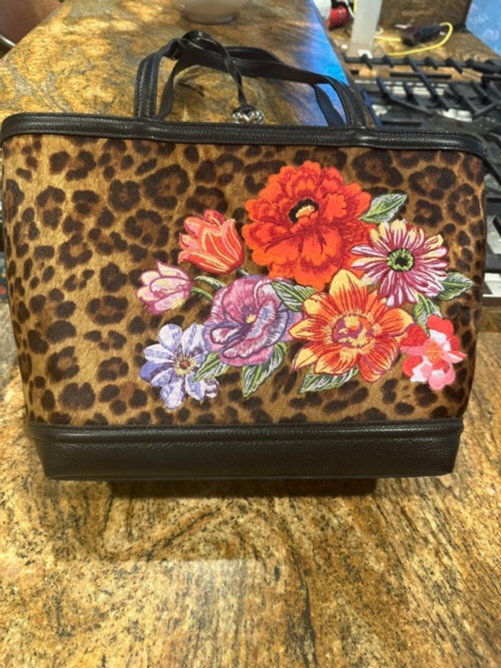 Brighton Excellent Condition Leather Cow Hair Leopard Embroidered Flowers Tote